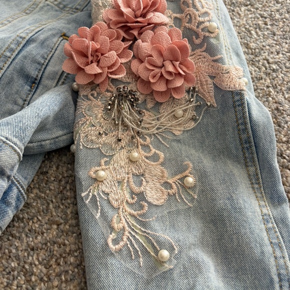 Floral Pearl Embellished Jean Jacket - Picture 2 of 5